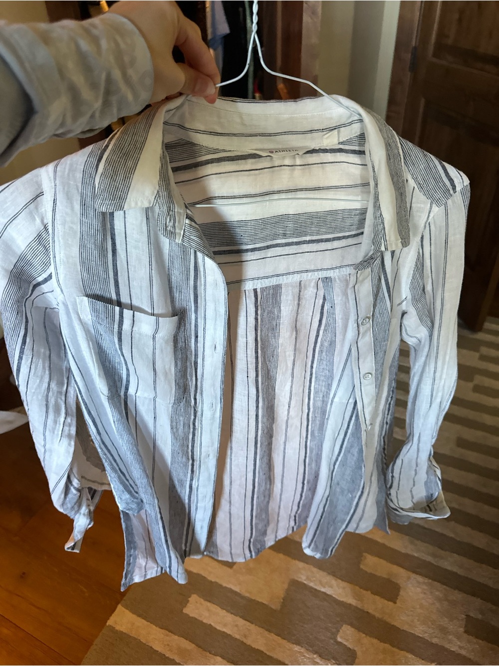 Athleta Linen Lightweight Striped Button-Up Shirt in White and Gray